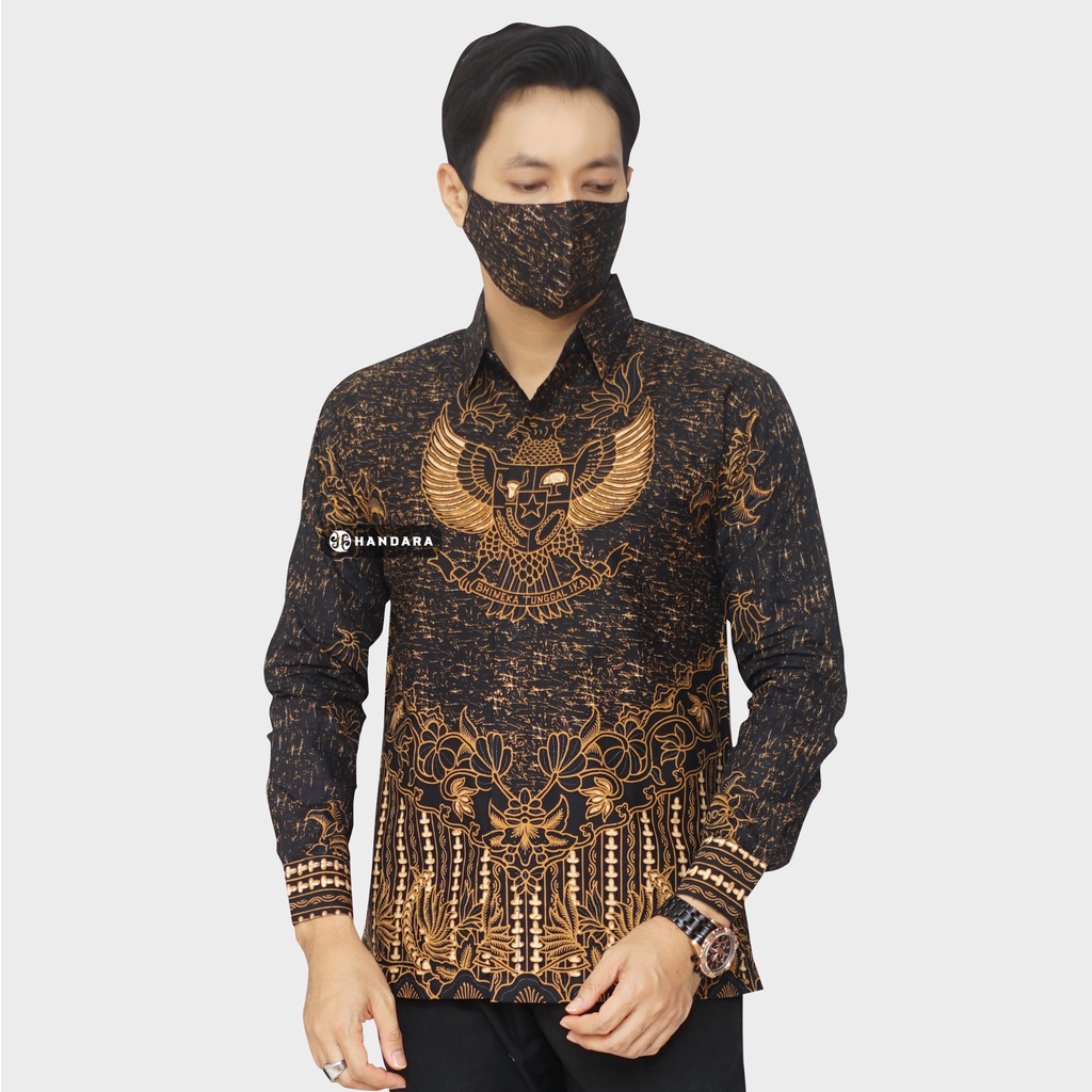 Baju Kemeja Batik Pria Lengan Panjang Slim Fit Premium Modern Full Furing Katun Halus Original Handara Motif Bhinneka Garuda Pancasila HB-259