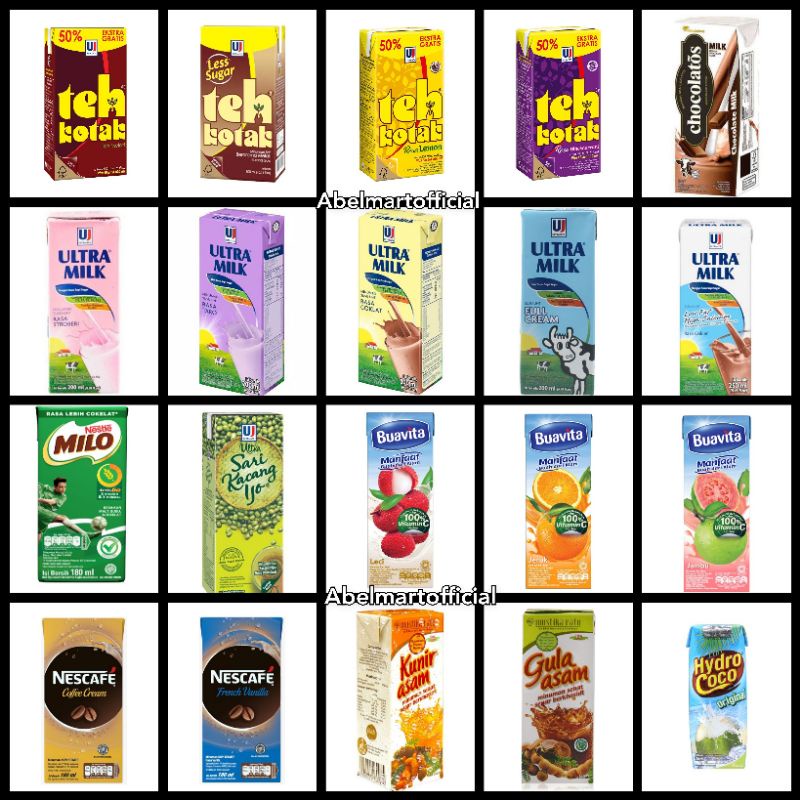 

ULTRA MILK/ NUTRISARI SQUEEZED / TEH KOTAK / SUSU ULTRA / MILO / CHOCOLATOS DRINK / SARI KACANG HIJAU / MUSTIKA RATU KUNIR ASEM / GULA ASEM / HYDRO COCO / MINUMAN