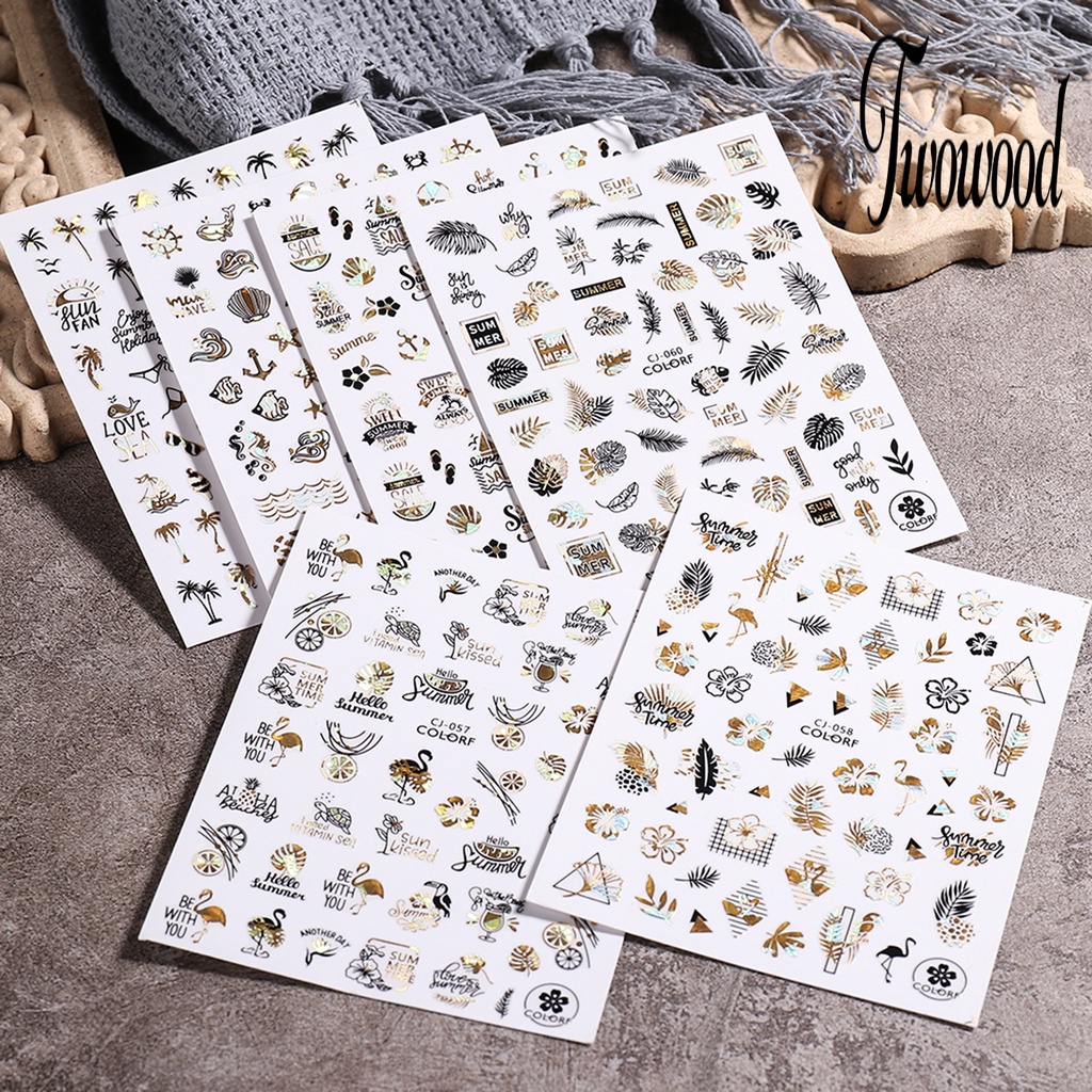 Twowood Stiker Kuku Motif Daun Hijau Untuk Dekorasi Nail Art Stiker Kuku Motif Graffiti 2D Dengan Perekat Untuk Manicure