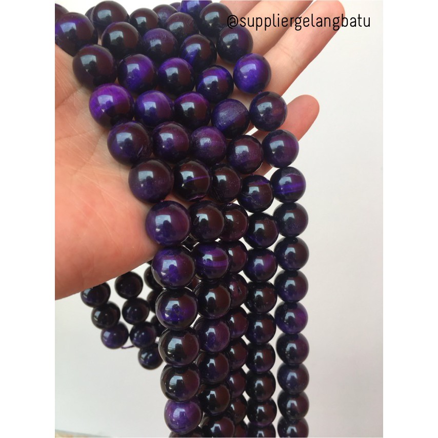 Purple Tiger Eye Biduri Sepah Ungu Mata Singa 14mm Natural Akik Bahan Serat Emas Gold Bahan Aksesori