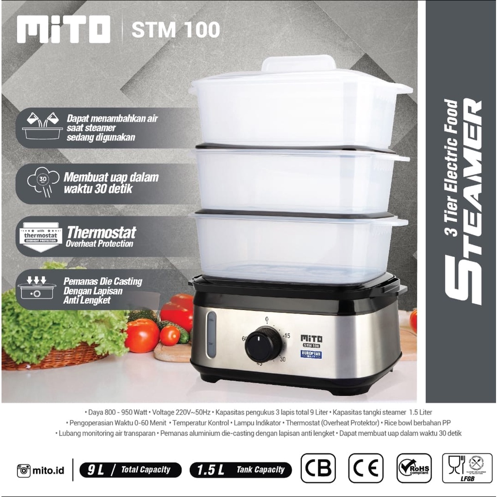 Food Steamer Mito STM 100 Pengukus Makanan Mitochiba STM100 3 Tingkat Penghangat Makanan Kukusan Makanan Listrik