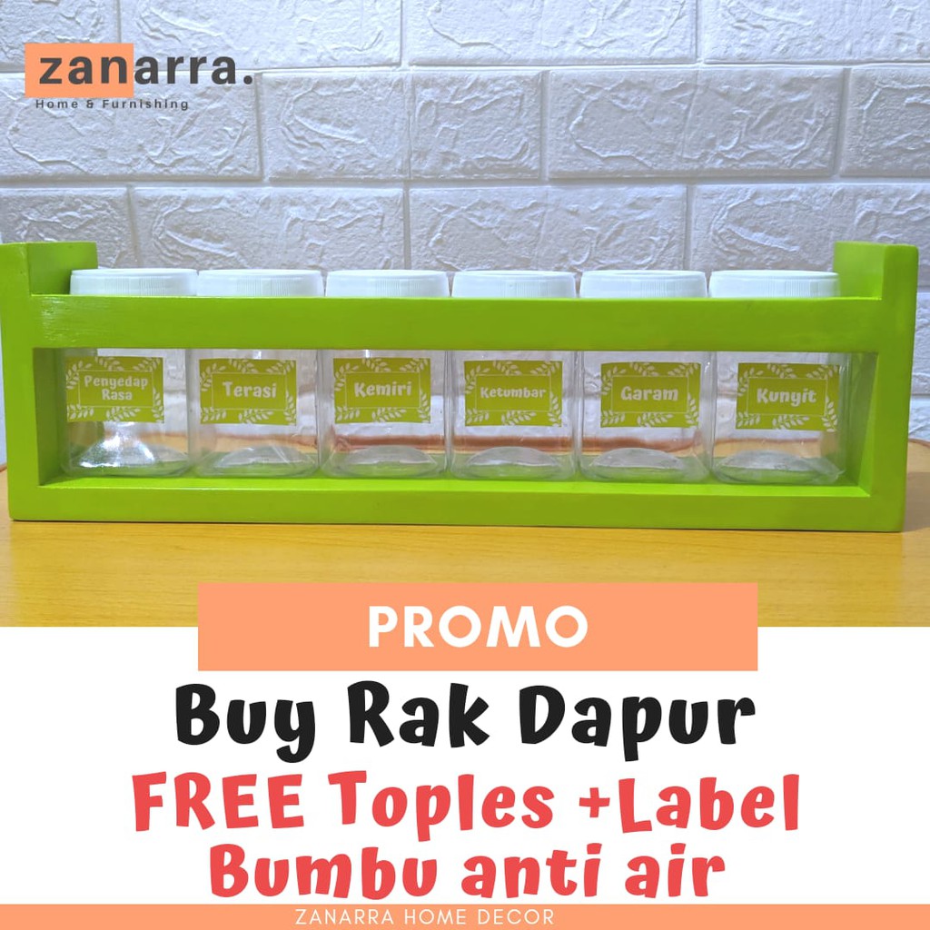 Rak Bumbu Dapur Warna Hijau Pandan Model Gantung Dari Kayu free Toples Bumbu Stiker Anti Air Zanarra