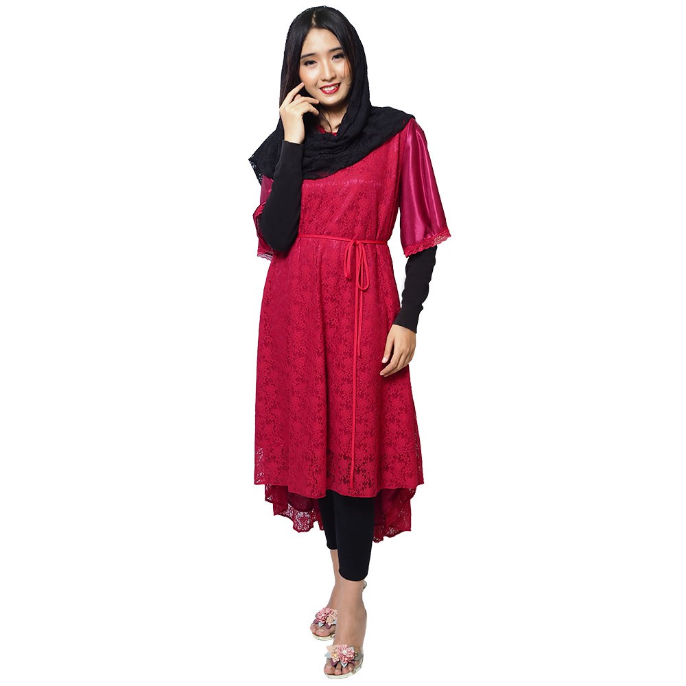 FOLVA tunik baju muslim satin lebaran lace 1133RGM merah all size