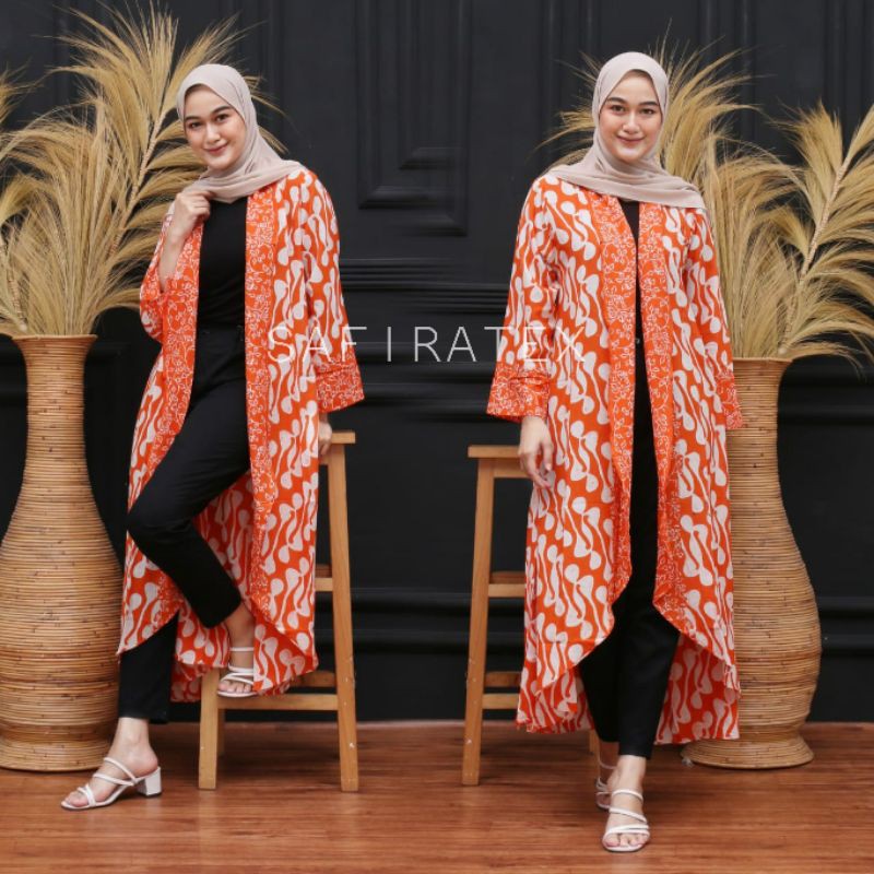 Longcardi Batik Paris  CARDIGAN wanita lengan panjang casual blazer - Orange