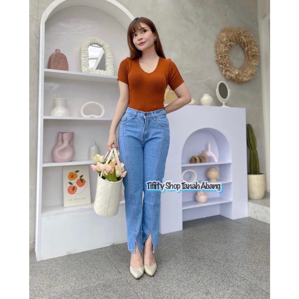 TRIVELA - KYOKO CELANA JEANS WANITA FRANDA / CELANA JEANS BOYFRIEND / SLIT PANTS JEANS / JEANS SLIT PANTS