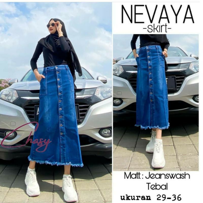 Rok Jeans Panjang Gisca kancing depan // Rok Jeans Wanita Kancing Premium