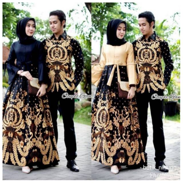 Couple gamis kemeja panjang batik sogan kombinasi baloteli