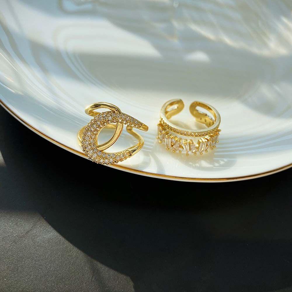 Mxbeauty Cincin Model Terbuka Bentuk Lingkaran Ganda Bahan Logam Aksen Zirkon Gaya Korea Untuk Wanita