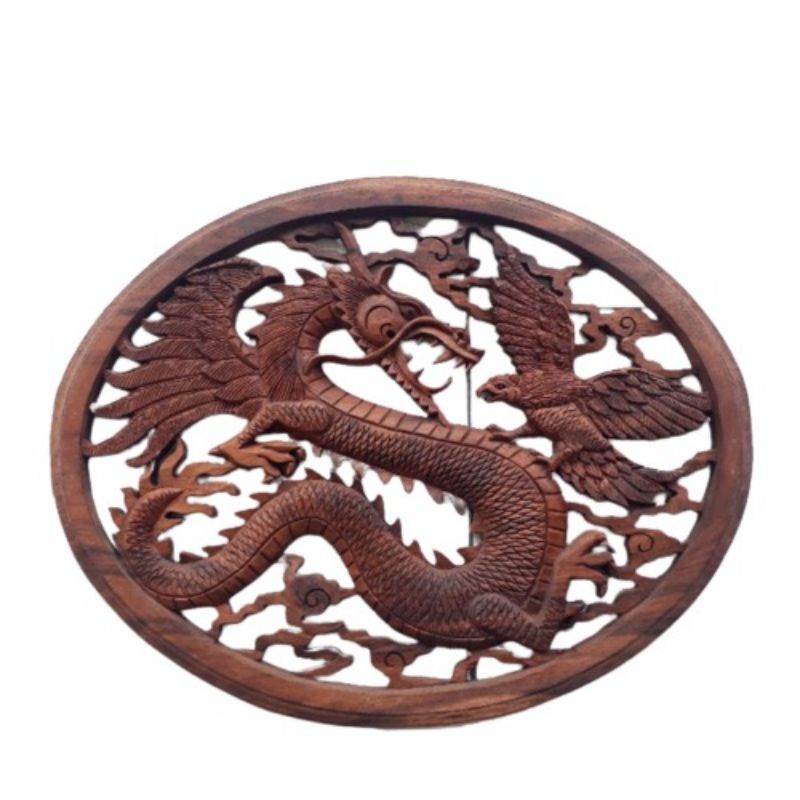 Hiasan dinding kayu ukiran Bali relief motif naga frame oval diameter 45×40cm Pandil Bali Home decor