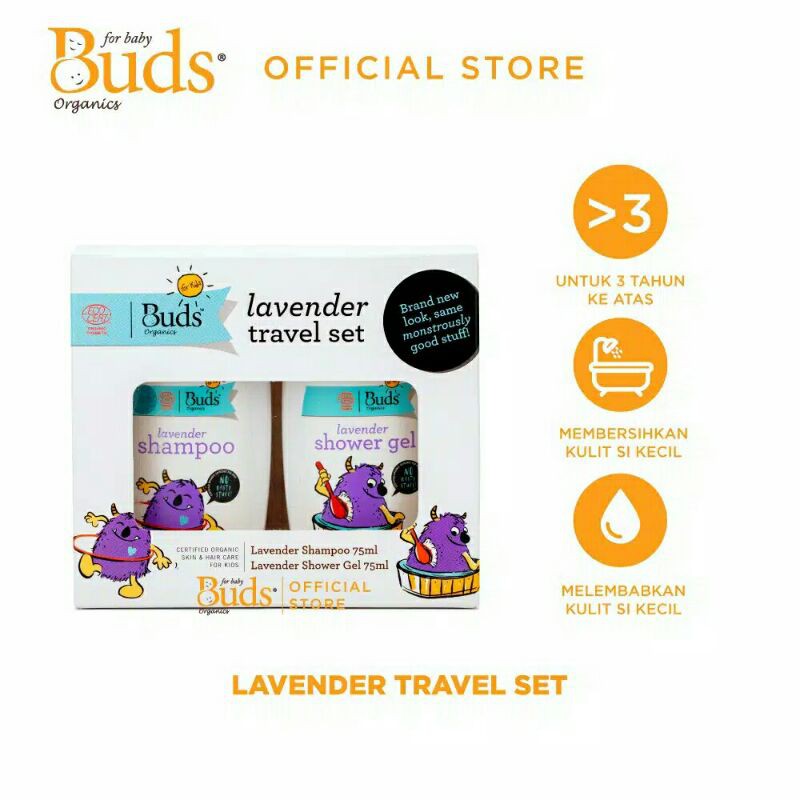 Buds Organics TRAVEL KIDS SET Lavender &amp; Orange Sabun Shampoo &amp; Shower Gel