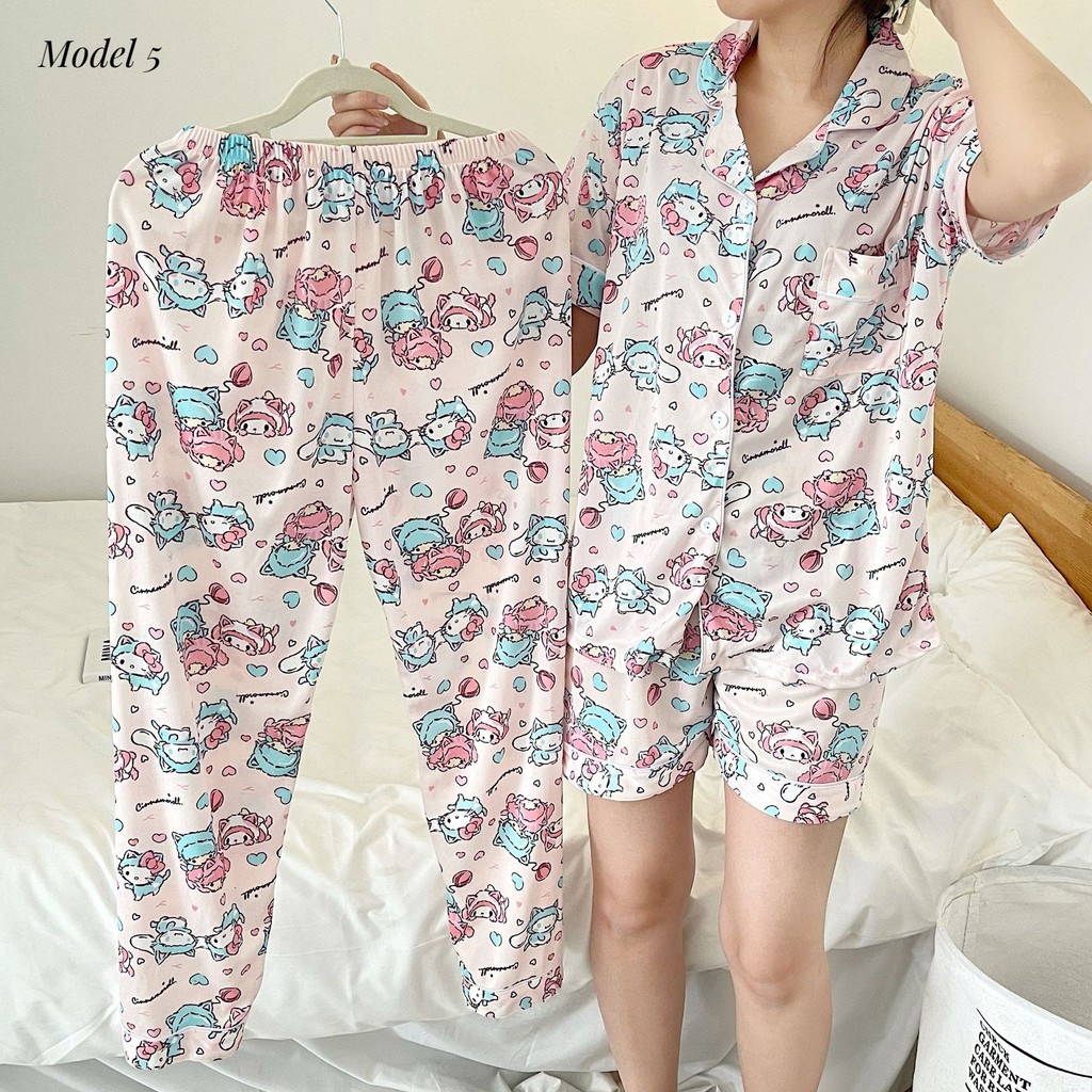 Baju tidur / piyama / sleepwear long pants wanita bahan import murah BTB032 3in1