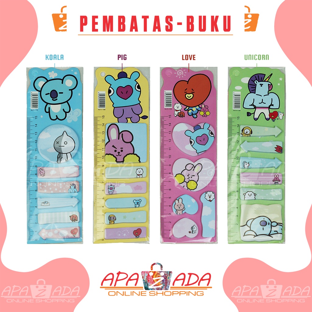 

Apazada - Pembatas Buku Fancy BTS Set Penggaris / StikerMix 1 set isi 6 (100-110Lembar) + Penggaris