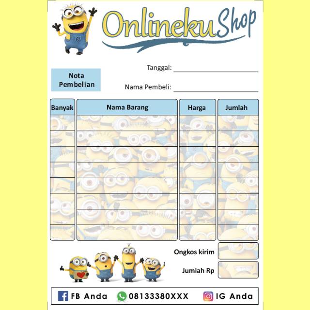 Nota Penjualan Pembelian Custom Toko Olshop Online Shop Karakter Kartun Minion Lucu Imut Murah