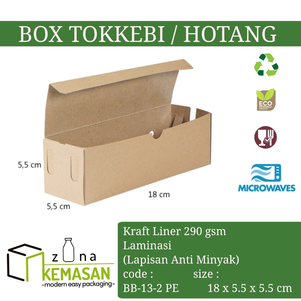 

KEMASAN BOX DUS KARDUS KOTAK TOKKEBI HOTDOG HOTANG SATE TAICHAN 18x5,5x5,5 cm KRAFT 290 gsm LAMINASI