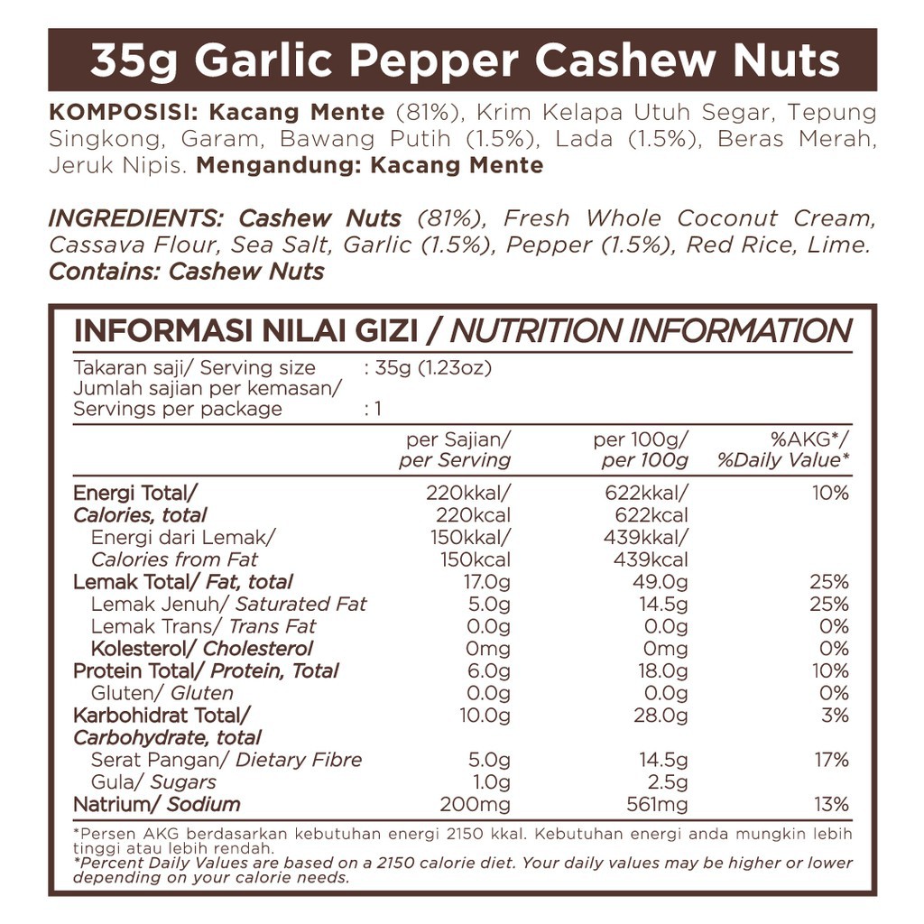 CASHEWS/KACANG METE MEDE - GARLIC PEPPER 35 GR - EAST BALI CASHEWS (YAVA)