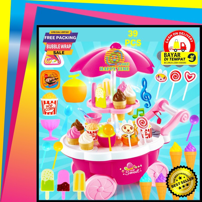 Mainan Musik Edukasi Anak Trolley Ice Cream Cart Playset Lollipops Gerobak Dorong Es Krim Kado Ultah