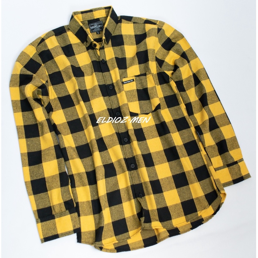 Kemeja Flanel Pria Slim Fit Lengan Panjang Hem Pria Kotak Hitam Kuning