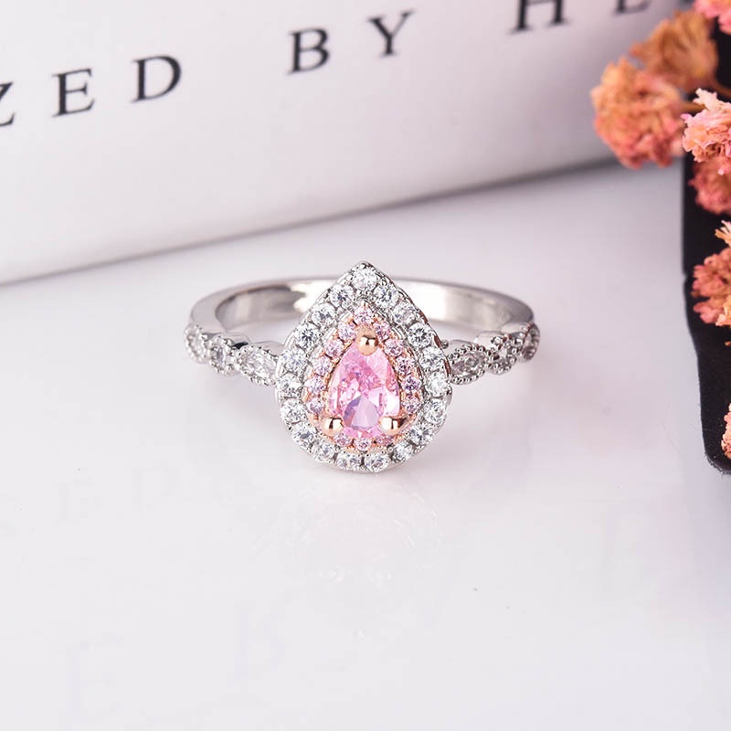 Fashion Inlaid Pink Crystal Water Drop Pear Ring Luxury Ring