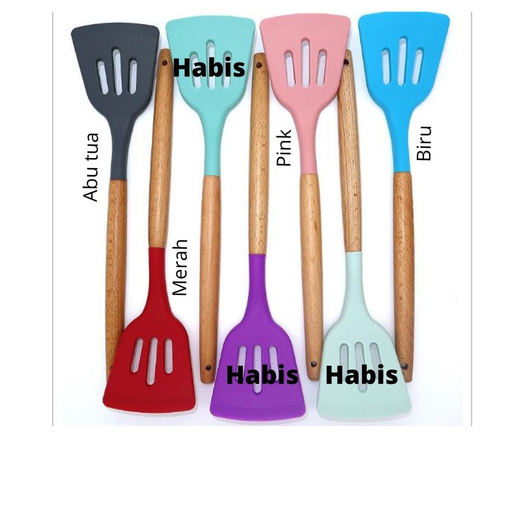 Silikon Spatula Sutil/Sodet/Turner/Utensil Gagang Kayu