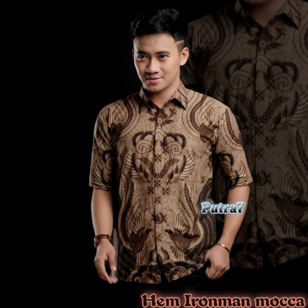 Batik Pria Lengan Pendek  BATIK MURAH HRB026 motif TERBARU 2021 Kode 002 size M L XL XXL BIG SIZE 3L 4L 5L 6L Reguler Fit-HEM IORNMAN MOCCA