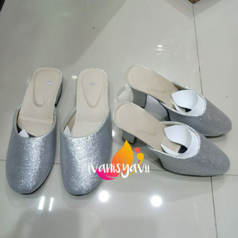 Sepasang Selop Pengantin Gliter - Warna Silver