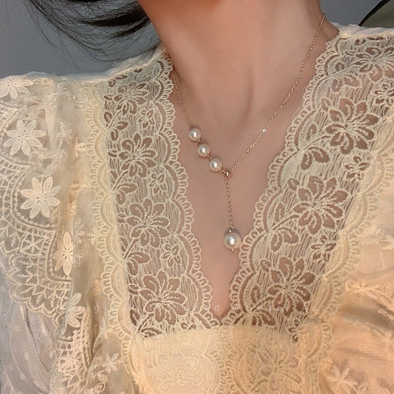Kalung Rantai Klavikula Hias Mutiara Rumbai Gaya Korea Untuk Wanita