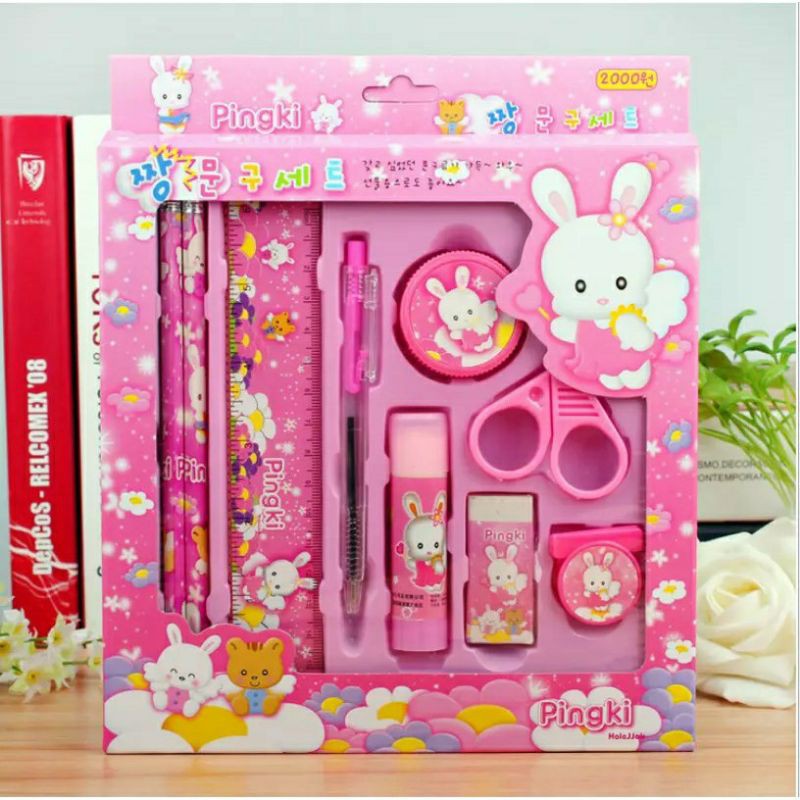 stationery set lucu - alat tulis korea pink blue bear