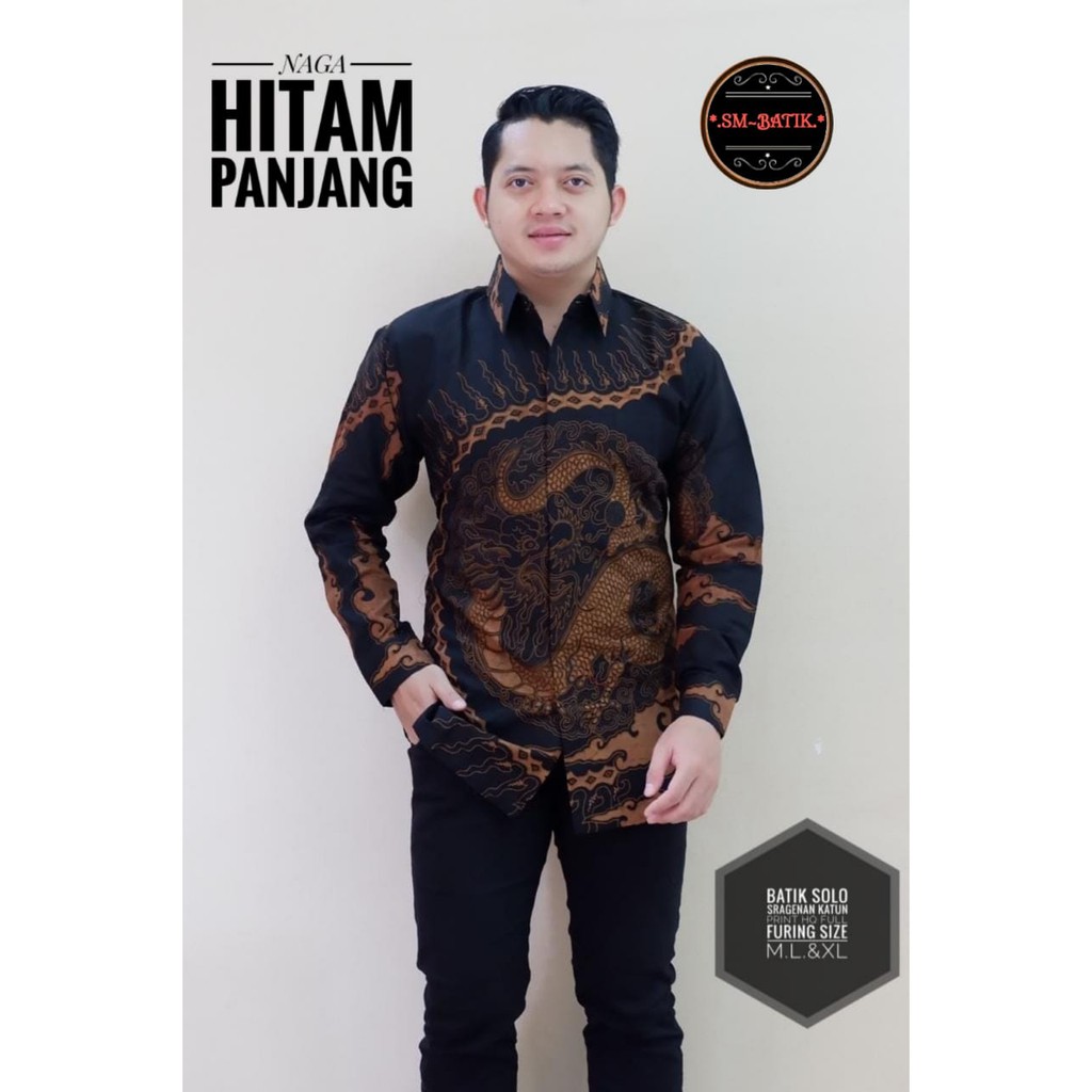 Naga Hitam Kemeja Batik Katun Halus Batik Pria Modern Asli Solo Atasan Batik By SM