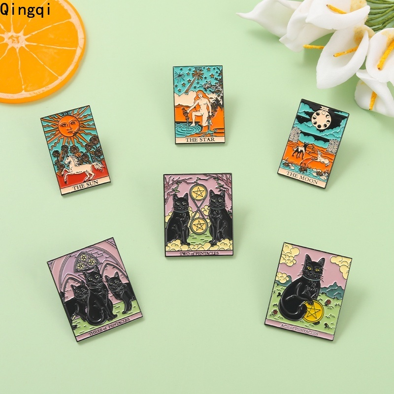 Bros Pin Enamel Desain Kartun Hewan Kucing Bulan Matahari Bentuk Persegi Untuk Koleksi