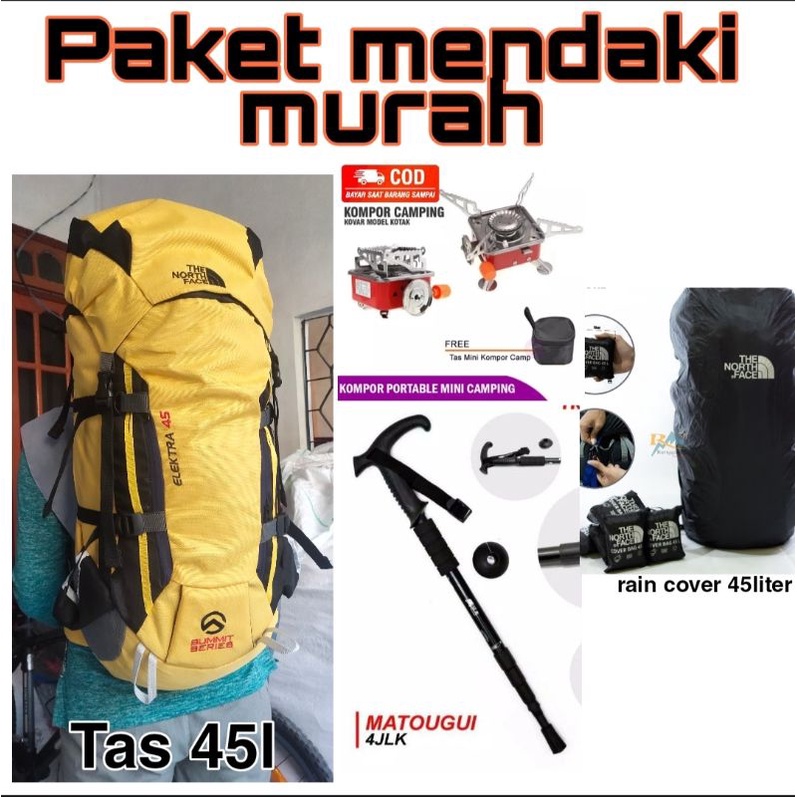 PAKET MENDAKI TAS 45L KOMPOR TRACKING POOL RAIN COVER(WARNA TAS PILIH DI CHAT)