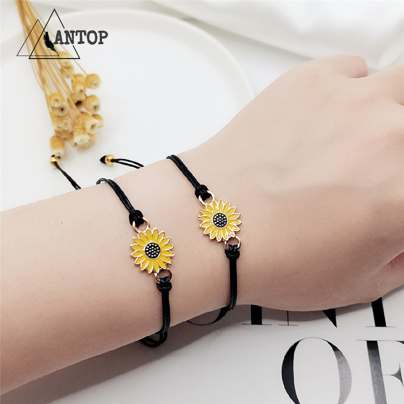 2 Pcs Gelang Magnet Couple Gelang Tali Etnik Persahabatan Anyaman Krisan Bunga Matahari Fashion Wanita Korea Pria Couple Bracelet Daisy Hitam ANTOP