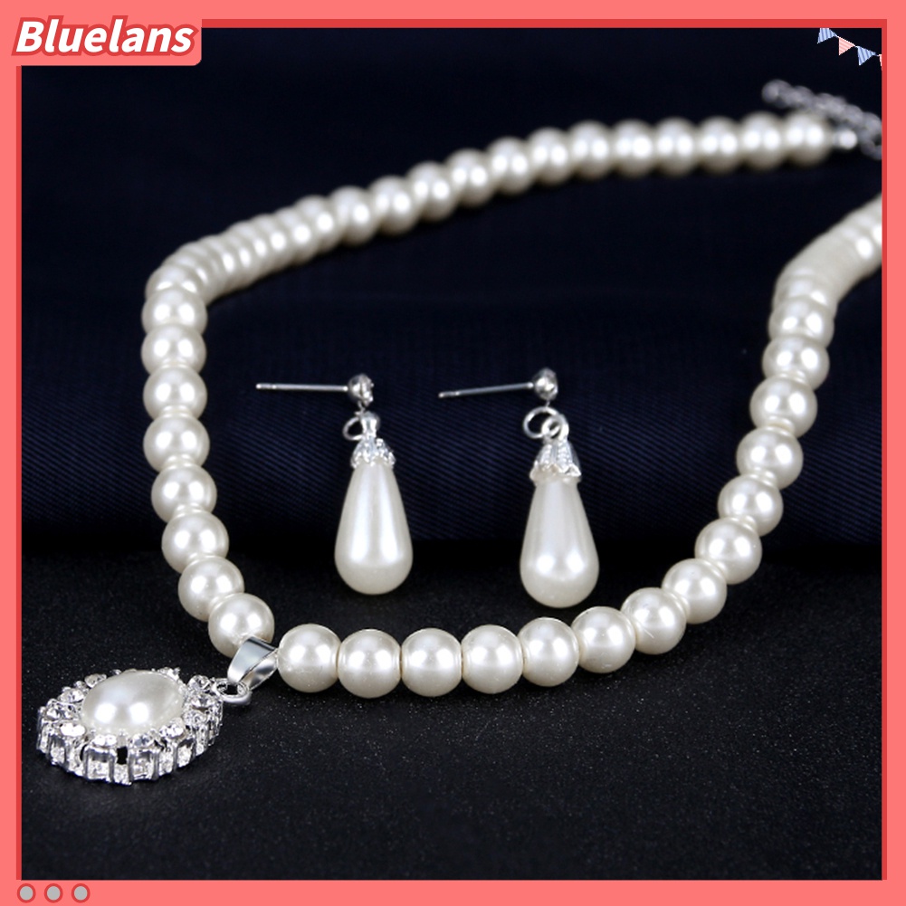 Bluelans Set Kalung + Anting Tusuk Gantung Mutiara Imitasi Bentuk Tetesan Air Untuk Wanita