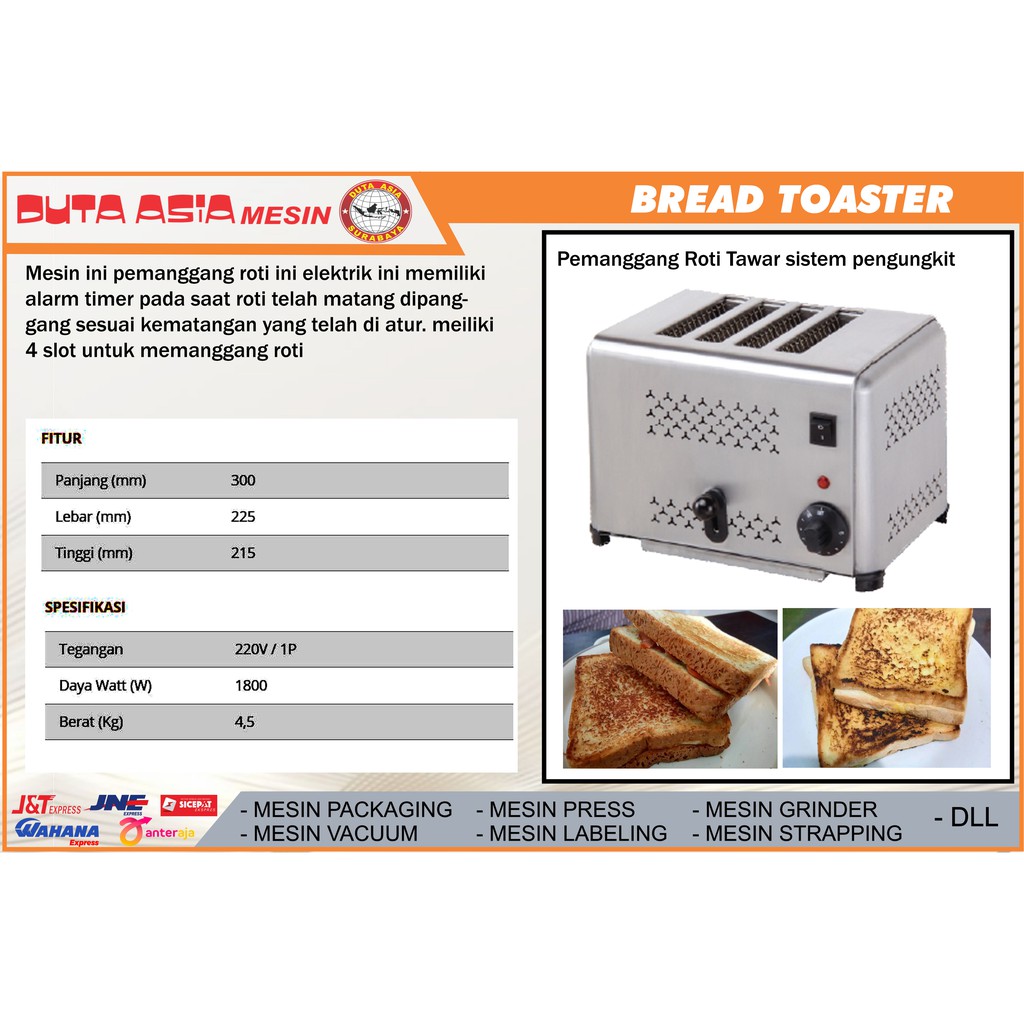 MESIN ELEKTRIK PEMANGGANG ROTI TAWAR ANGKAT MANUAL ISI 4 SLOT