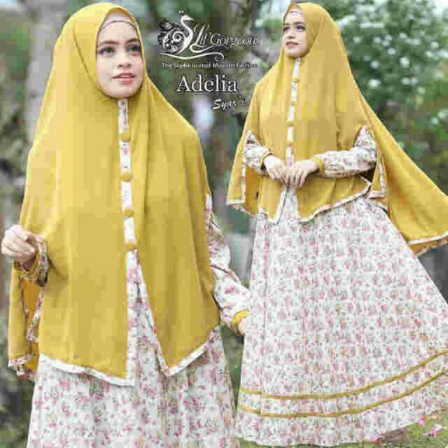 Adelia syari gold ..gamis busui sleting bahan jersey motif bunga kecil + bergo jersey fit XL
