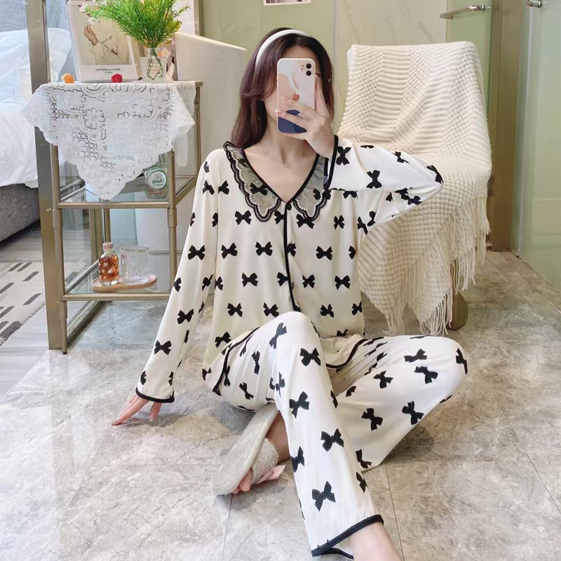 baru houndstooth piyama/baju lengan panjang + celana setelan homewear