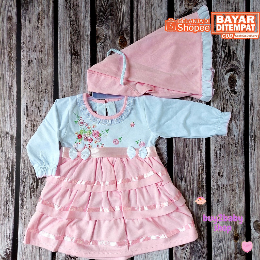 Baju lebaran bayi set gamis panjang dengan jilbab motif Polkadot/Bunga Baby Flower