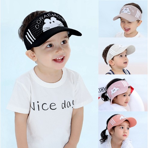 Topi Visor/Sunshade Motif Kartun Doraemon Warna Hitam/Pink untuk Anak Perempuan/Laki-laki