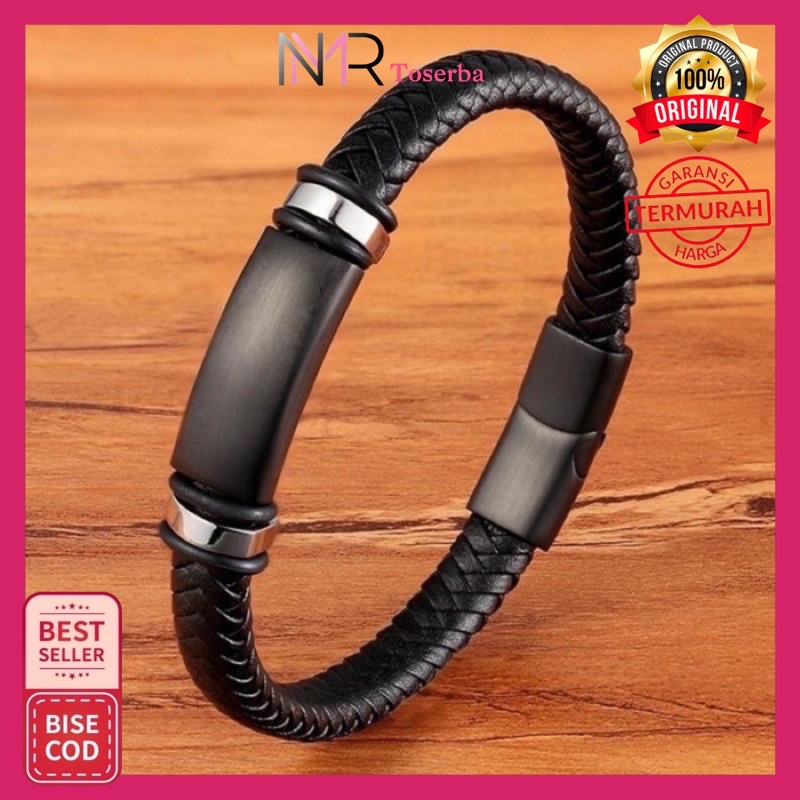 Gelang Kulit Magnetic / Gelang Pria Keren Cool Big Size 22cm - Hitam