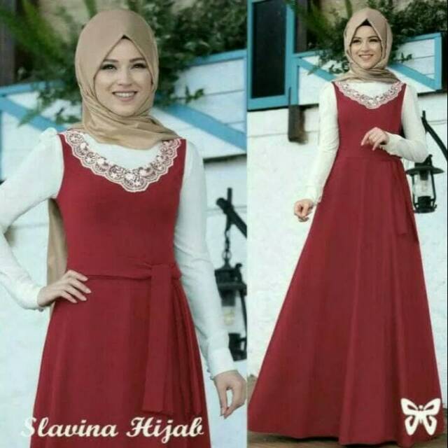 Baju Muslim Gamis Slavina Busana Lebaran Wanita Warna Merah