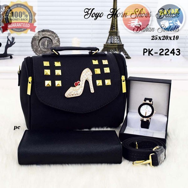 COD TAS SELEMPANG WANITA YOYO HEELS SHOES BLACK ELEGANT TALI PANJANG TOTE SLEMPANG PAKET HEMAT FREE 