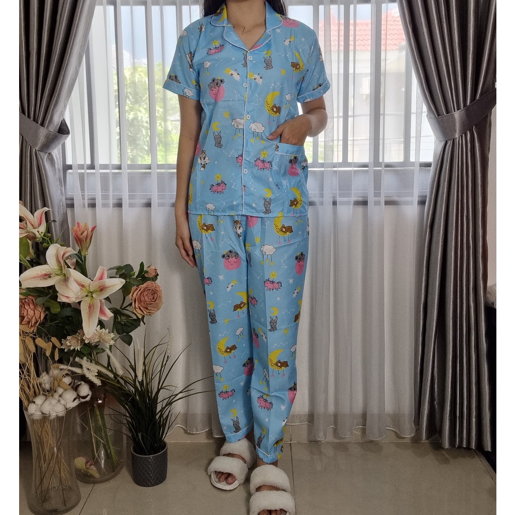 VIBELLECP - CP Vibelle shop grosir baju tidur piyama karakter fashion murah wanita-CP KOALA MOON BIRU