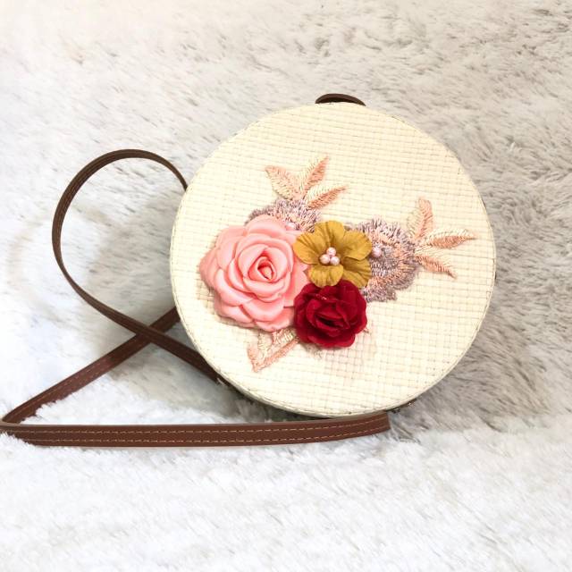 Tas anyaman bulat motif bunga 20cm / tas anyam pandan bulat