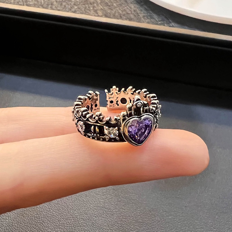 Cincin Model Terbuka Desain Mahkota Hati Bahan Zirkon Warna Silver Gaya Retro Untuk Wanita