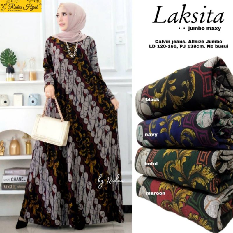Terbaru gamis jumbo laksita, bahan calvin jeans, ld.120-160 pb.138, no busui, by Redea Baju Busana W