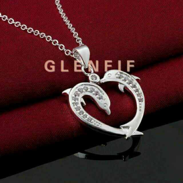 Kalung Perak + Liontin Perak model Couple Dolphin variasi Permata Putih