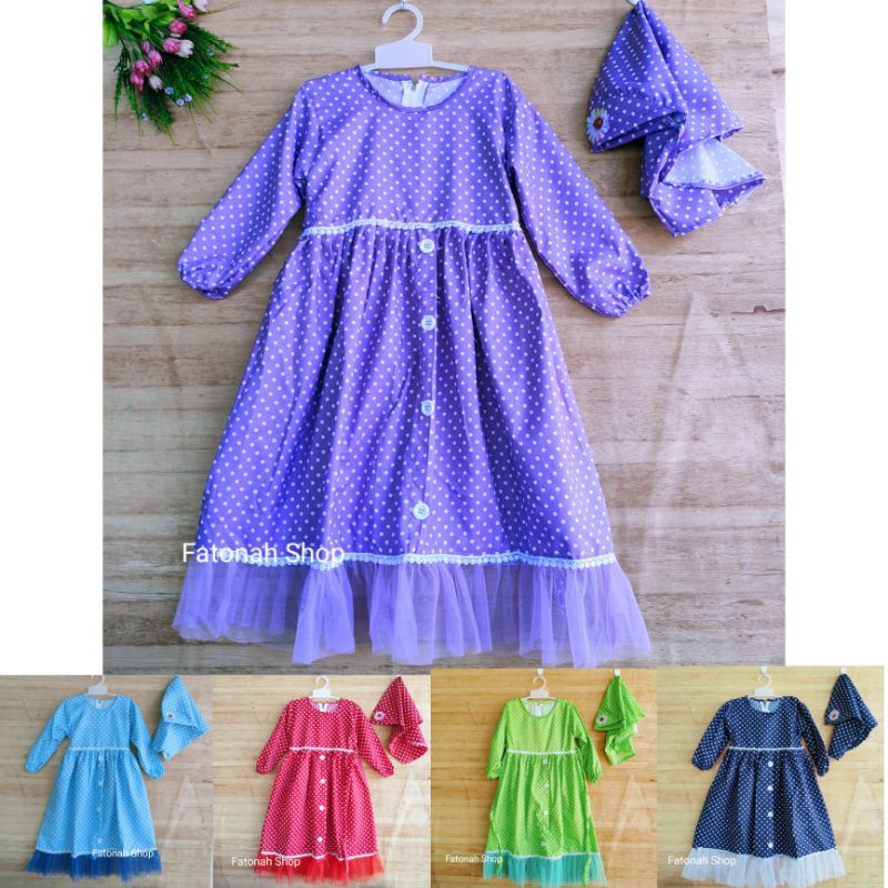 Gamis anak 3 4 tahun polka tutu bonus jilbab rempel lucu polkadot tutul ( gamis polka tutu imut )