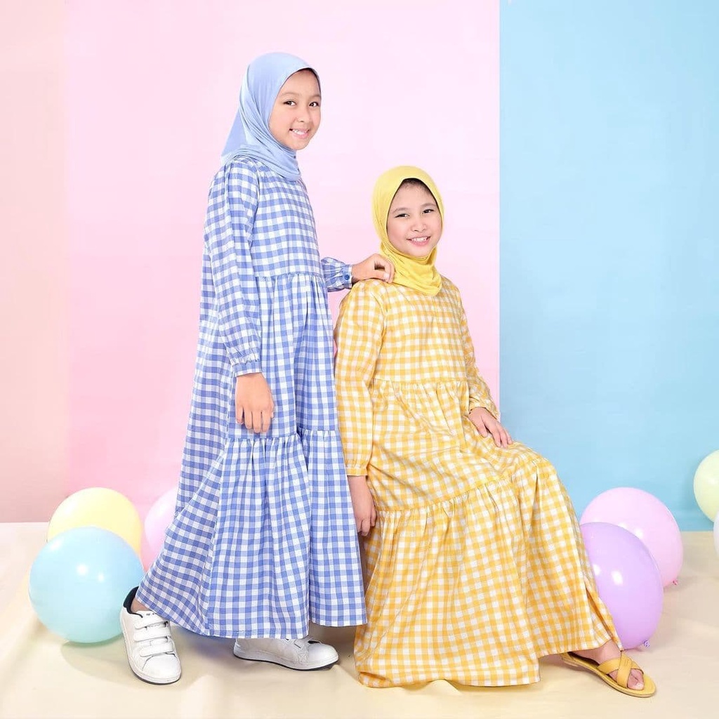 Trezia Dress Kids Bahan katun Kotak / Gamis Anak Perempuan Terbaru 2021 / Baju Anak 10-13 Tahun Baju