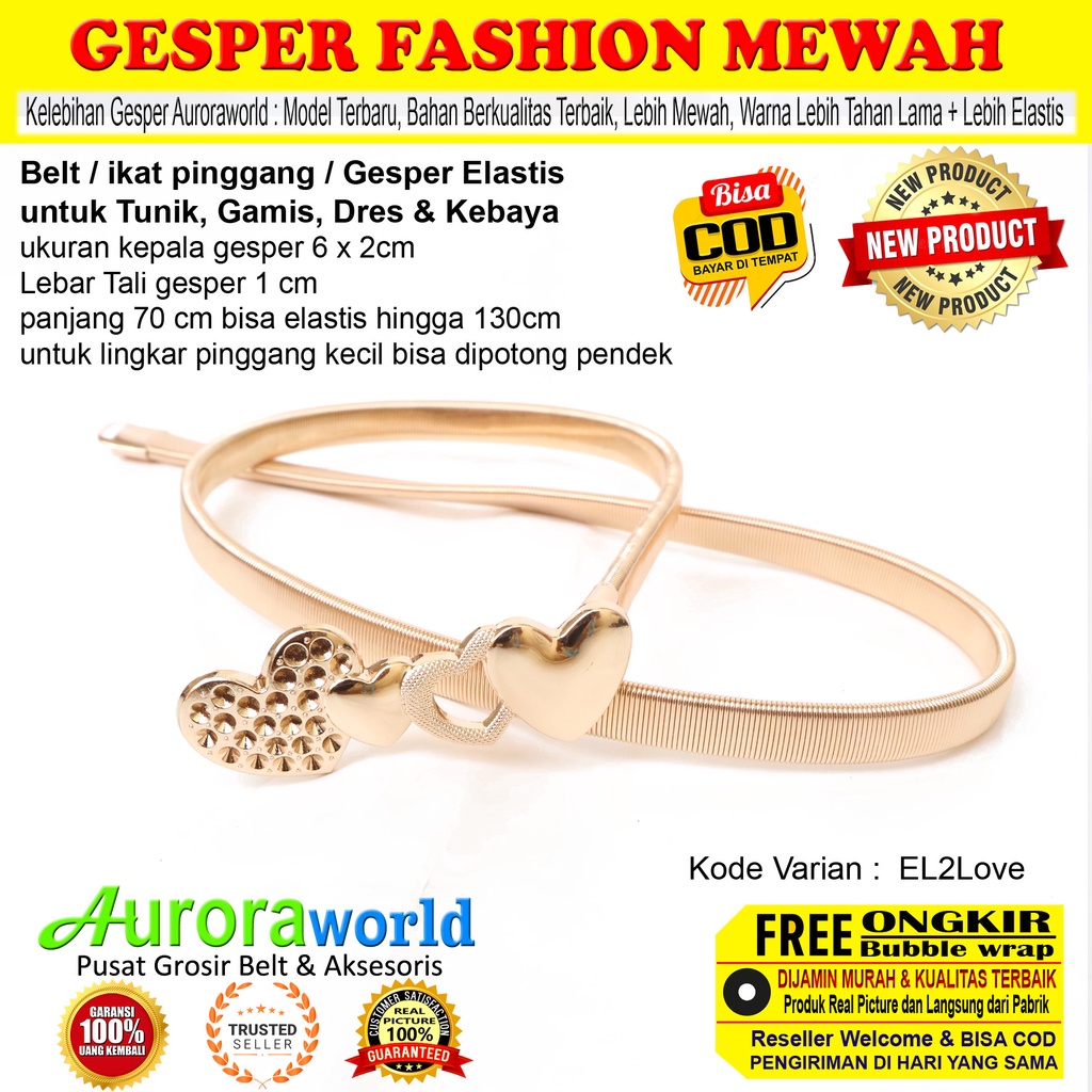 Auroraworld gesper wanita jumbo belt gamis elastis ikat pinggang cewek untuk dress tunik gamis belt elastis warna gold terbaru small size - big size bisa COD