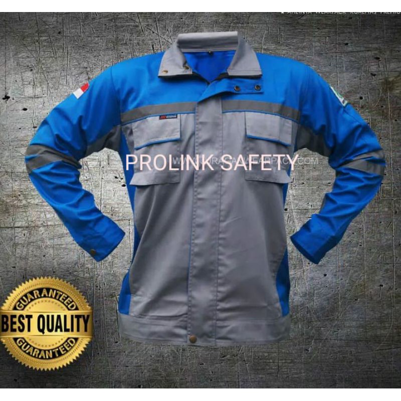 BAJU SERAGAM SAFETY SEMI JAKET BIRU ABU FREE LOGO K3 BENDERA