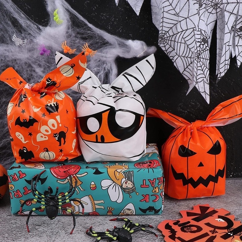 50 Pcs Tas Kemasan Kue Biskuit Permen Roti Motif Kartun Labu Hantu Telinga Kelinci Halloween